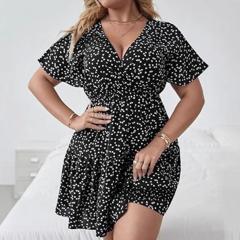 Plus Size V-neck Ruffle Short Sleeve Wrapped Printed Dress for Women Fashion Elegant Party Short Dress Loose Casual Sweet A-line Dresses Holiday