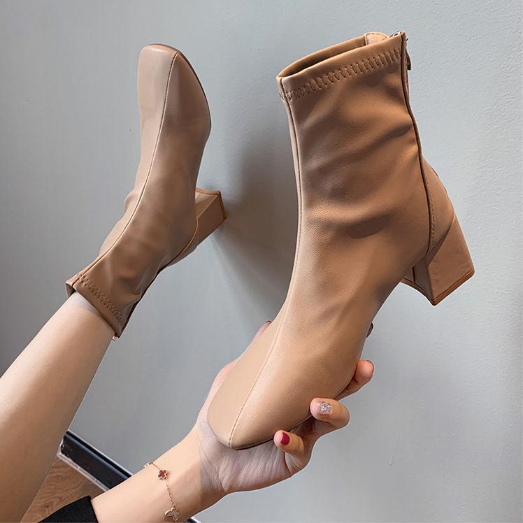 Martin boots female British style 2020 new spring and autumn single boots square head thick heel Internet celebrity thin high heels short boots