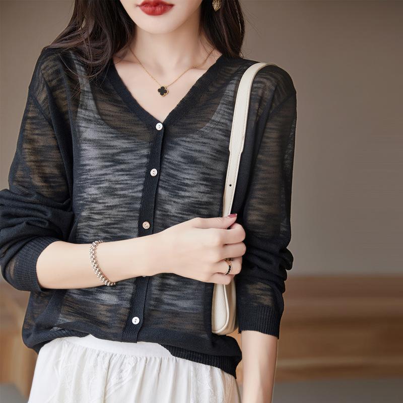 Bamboo Joint Cotton V-neck Cardigan for Women for Summer Sweater Thin Loose and Versatile Sun Protection Simple and Atmospheric Top Jacket