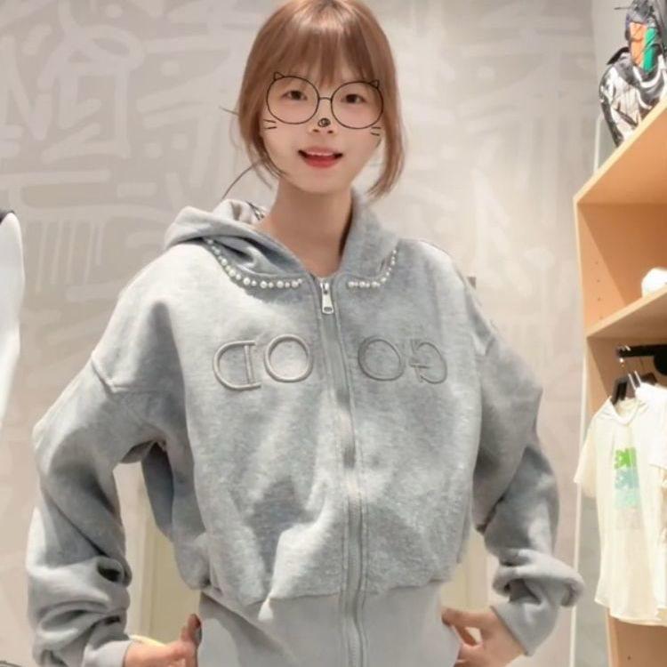 

Женская толстовка с капюшоном и вышивкой бисером в виде букв - Хлопковая куртка на молнии в стиле колледжа XL