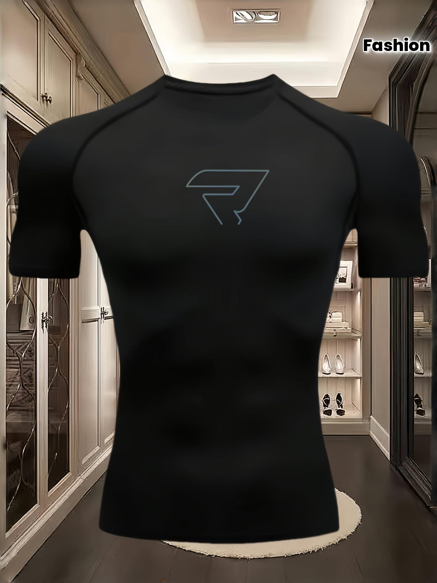 Men s Black Compression T-Shirt with Minimalist Line R Logo Print, Elastic Quick Drying Breathable Gym Workout & Sports Training Top S чёрный