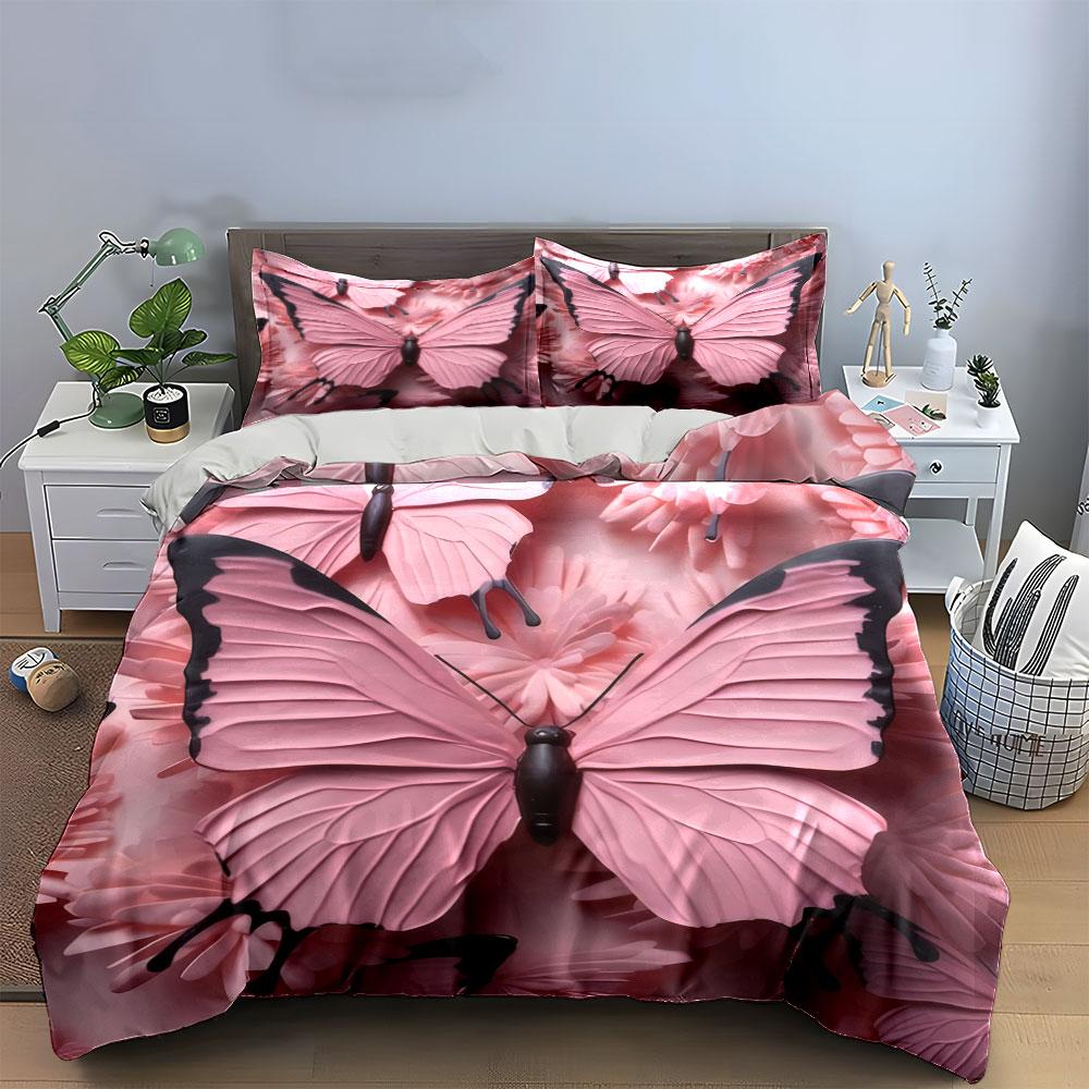 3D Papierschnitt Rosa Schmetterling Bettwäsche SetFloral Geprägter Textur Druck Bettbezug 2 Kissenbezüge Einzel Doppel King QueenGeschenk