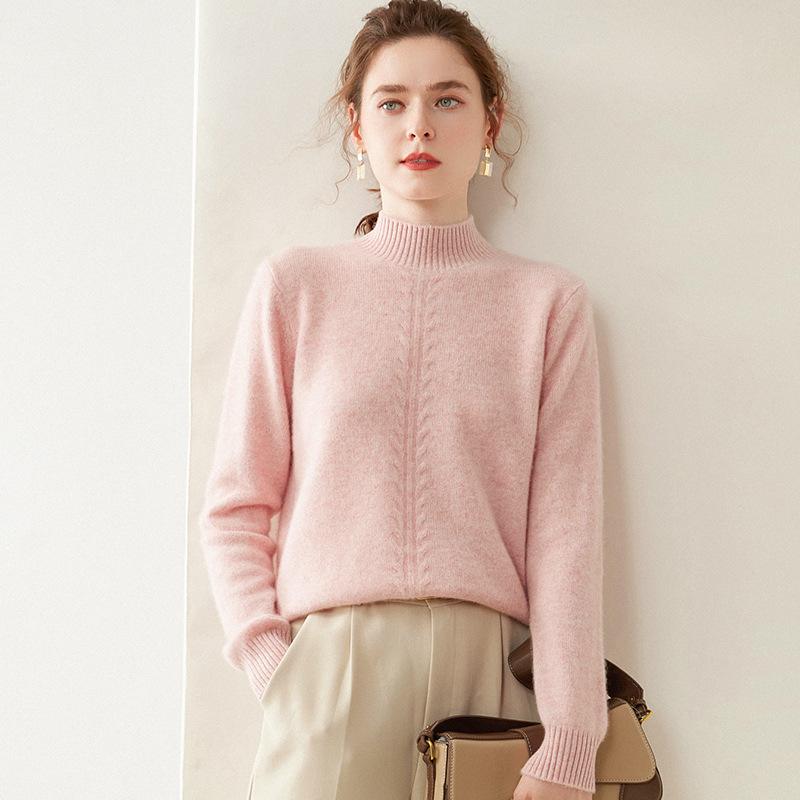 Women's High Neck Cashmere Sweater - Thick Knit Solid Color Jacquard Pullover for Autumn and Winter