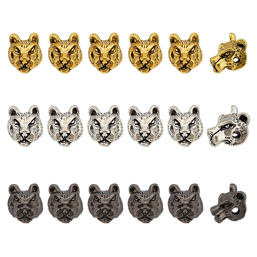 1set 18pcs 3 Colors Style Alloy Beads Tiger Head Mixed Color 11.5x10x9mm Hole: 1.6~1.9mm 6pcs/color