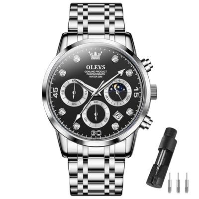 OLEVS Men's Stylish Watch, Popular Analog Quartz Movement, Waterproof Business Watch, Silver with Stainless Steel Band, Black Wristwatch, Date Display