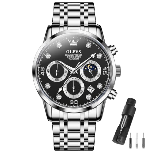 

OLEVS Men s Stylish Watch, Popular Analog Quartz Movement, Waterproof Business Watch, Silver with Stainless Steel Band, Black Wristwatch, Date Display