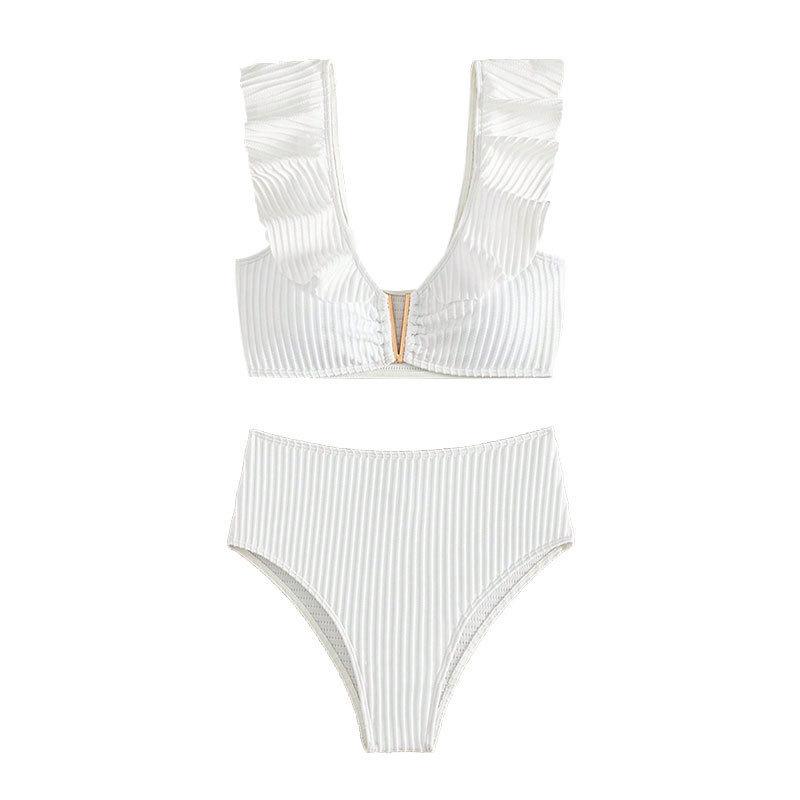 Bikini col V à volants taille haute pour femme