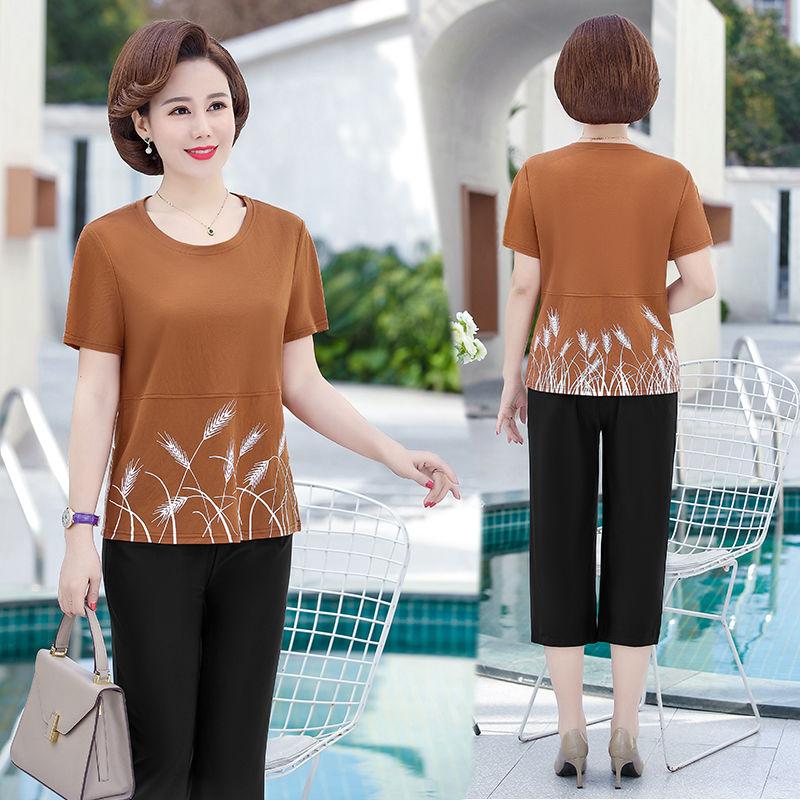 Middle-aged and Elderly Mothers' Summer Short Sleeve T-shirt Cool Large Size Casual Loose Ice Silk Women's Top