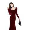 High-End Korean Style Black Velvet Slim Fit Mermaid Dress with Square Neck and Long Sleeves - Elegant Evening Gown for Women