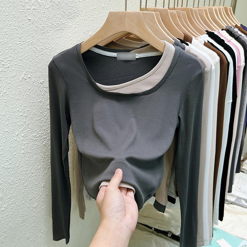 Stylish Korean Square Neck Faux Two-Piece Long-Sleeve Women's T-Shirt – Versatile Base Layer