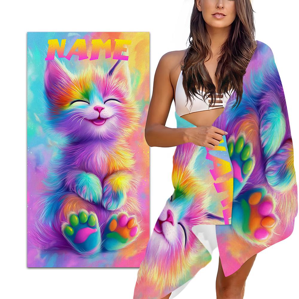 Custom Rainbow Cat Beach Towel Colorful Kitten Print Personalized Name Microfiber Sand Free Quick Dry Gift