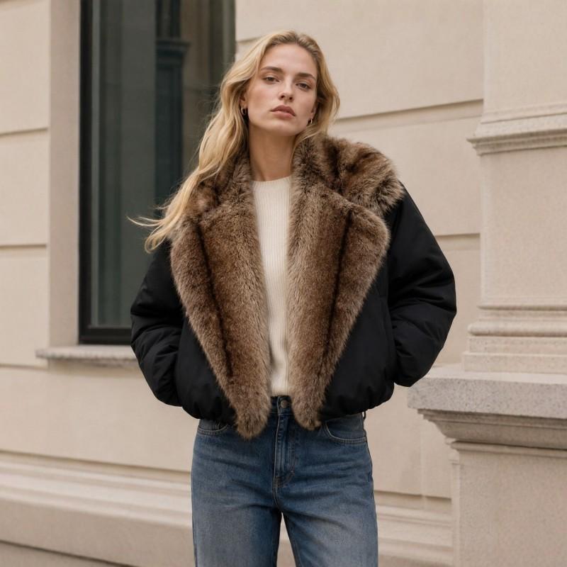 Womens Faux Fur Coat Short Puffer Jacket With Oversized Collar Warm Winter Outerwear Daily Wear