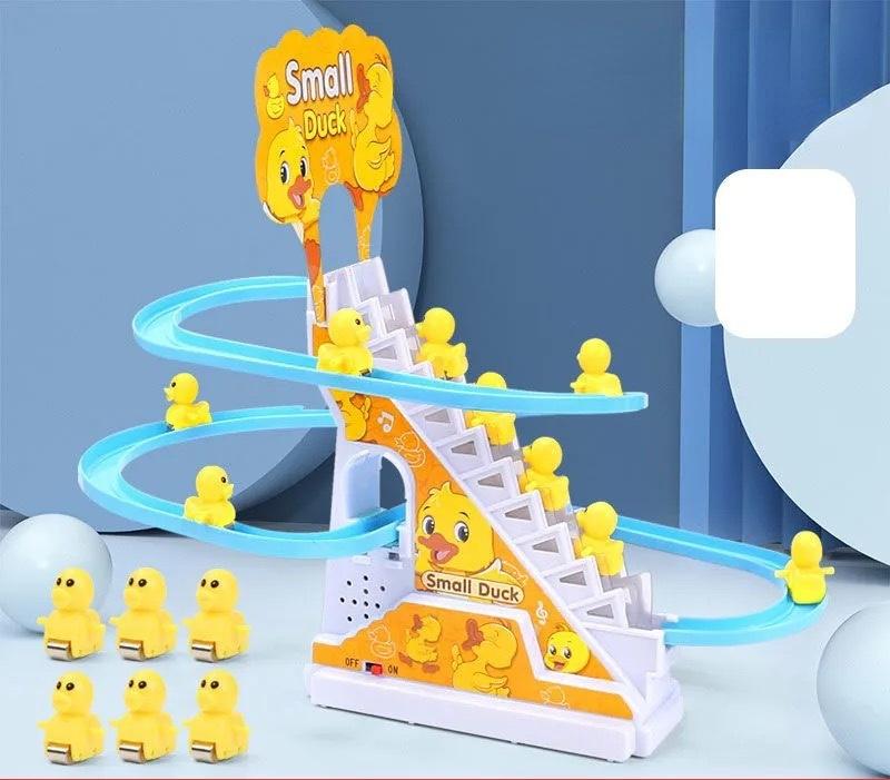 Children Toy Duck Diy Rail Racing Track Small Duck Climbing Stairs Toy Electric Car Staircase Music Educational Toy For Kid 3-5Y