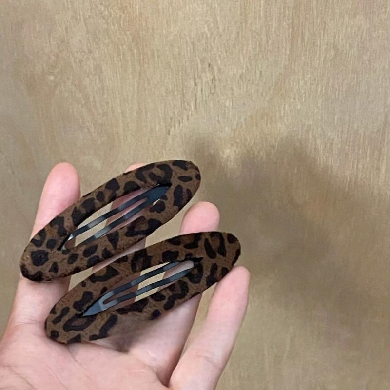 Leather Suede Leopard Print Triangular Interlock Oval Fringe Side Bar Hair Clip Hairpin Hairband