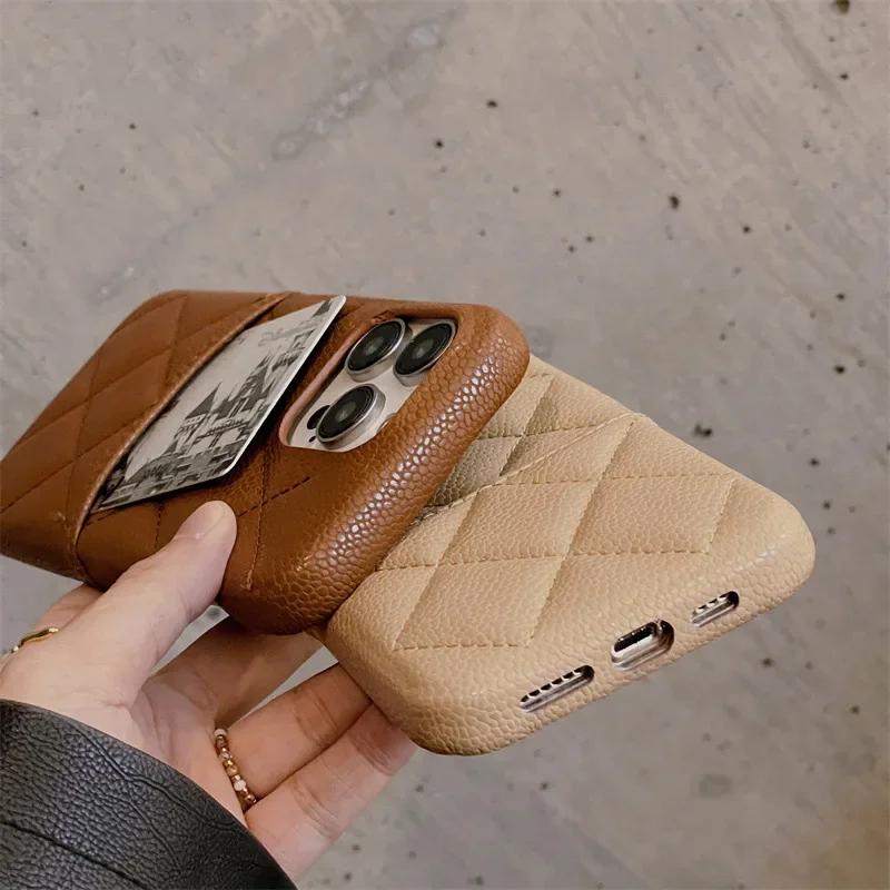 Lattice Pattern Faux Leather Cover For iPhone 16 15 14 13 Pro Max Credit Card Slot Holder Purse Wallet Shockproof Phone Case