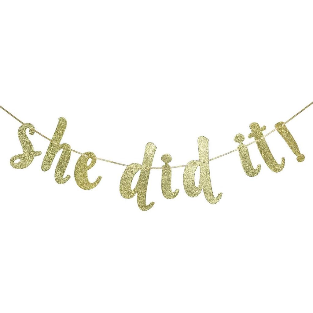 She Did It Gold Glitter Cursive Banner Sign, Graduation Garland, Class of 2025 Grad Party Decorations Supplies (Gold)