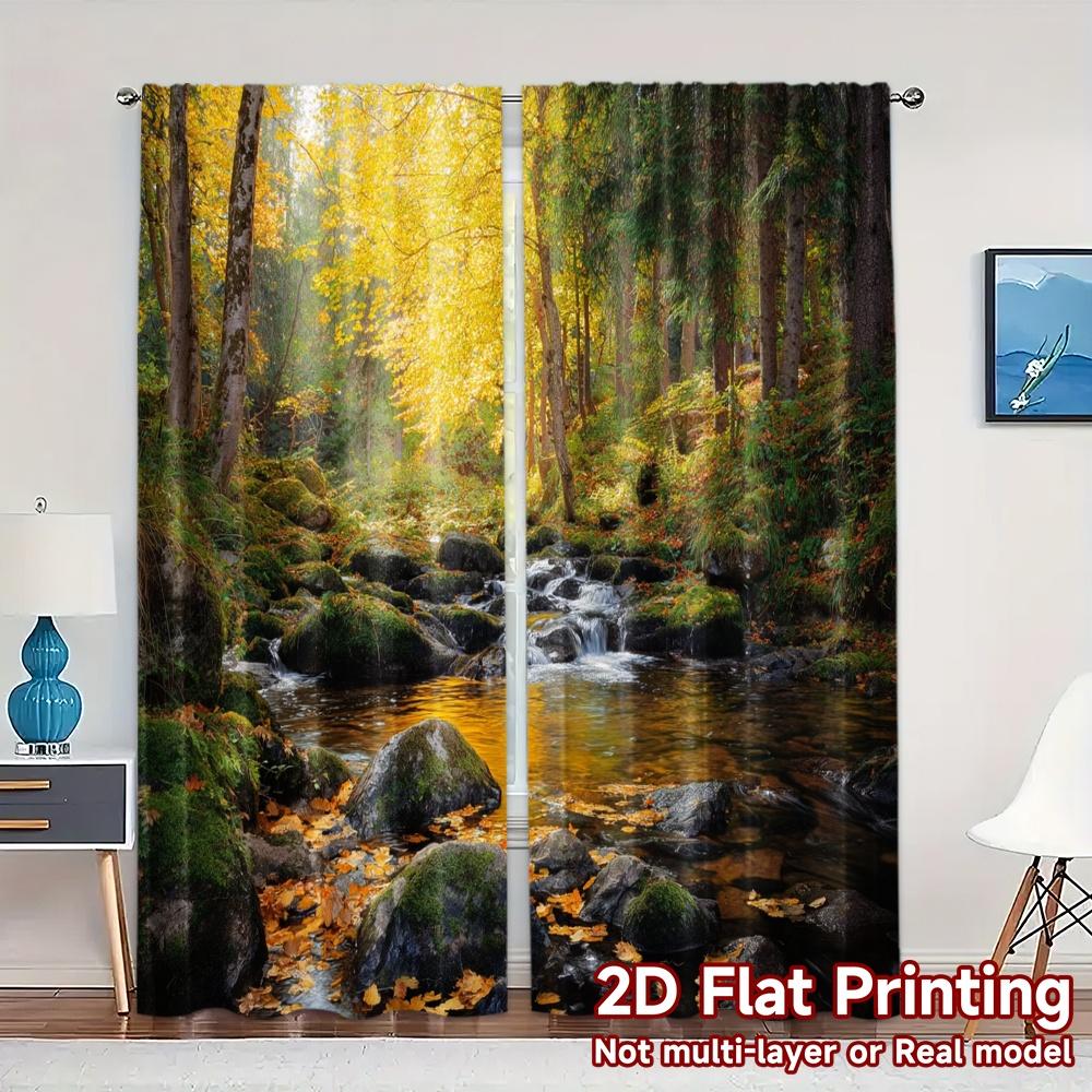2pcs, 2D FLAT PRINTING Curtains (Without Rod) Golden Stream Fashionable Popular Curtains Semi-Sheer Curtains Home Decor Suitable