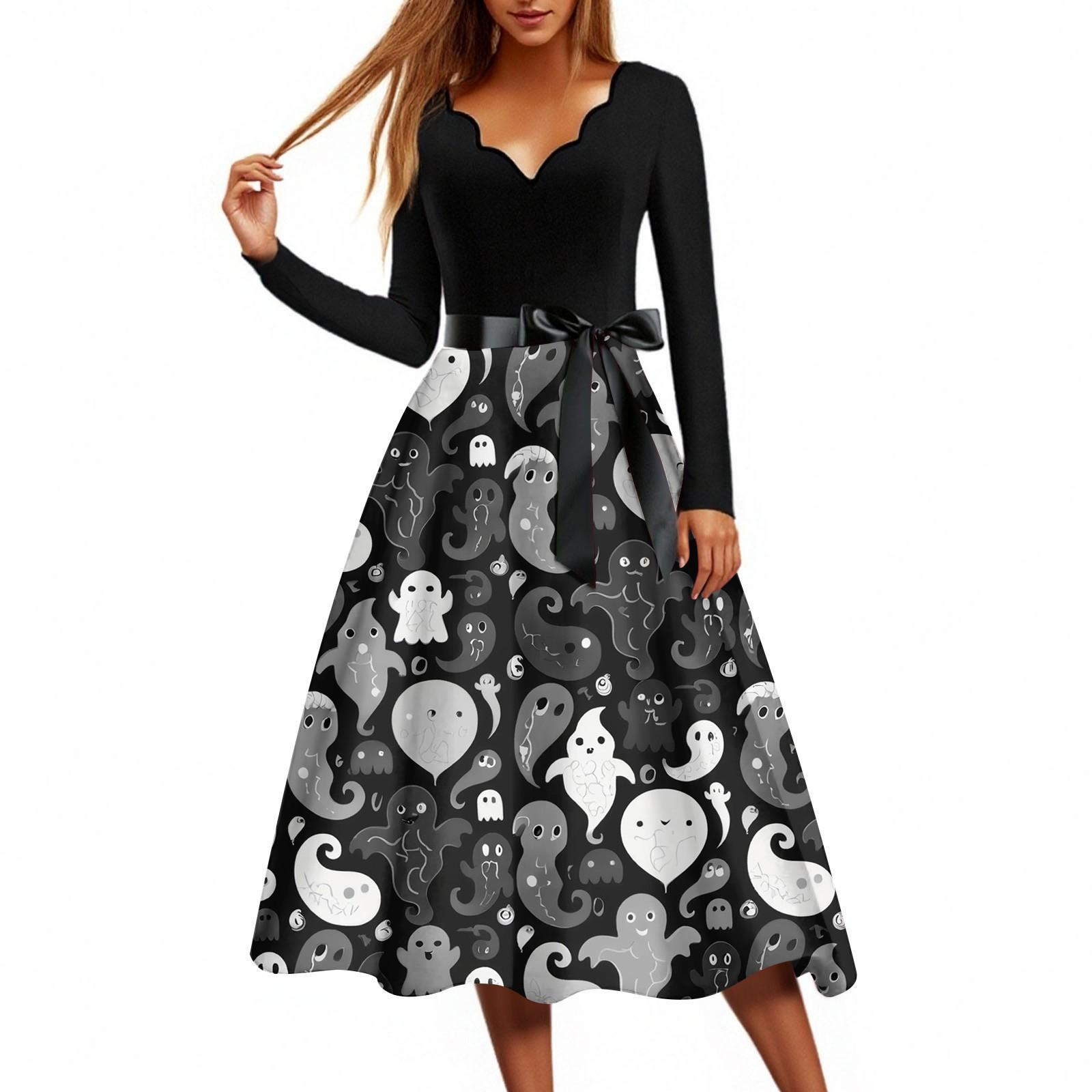 

Женское повседневное модное платье винтажного стиля с принтом на Хэллоуин и V-образным вырезом L