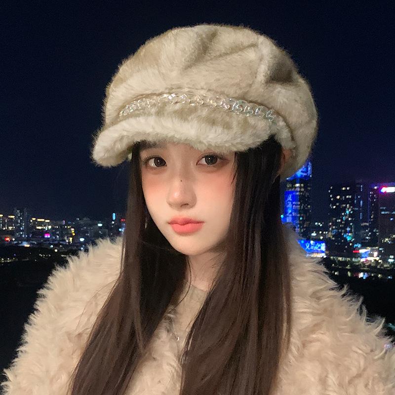 Hat Women's Autumn and Winter Imitation Mink Hair Color Chain Beret Plus Velvet Thickened Windproof and Warm Hat Art Retro Octagonal Hat