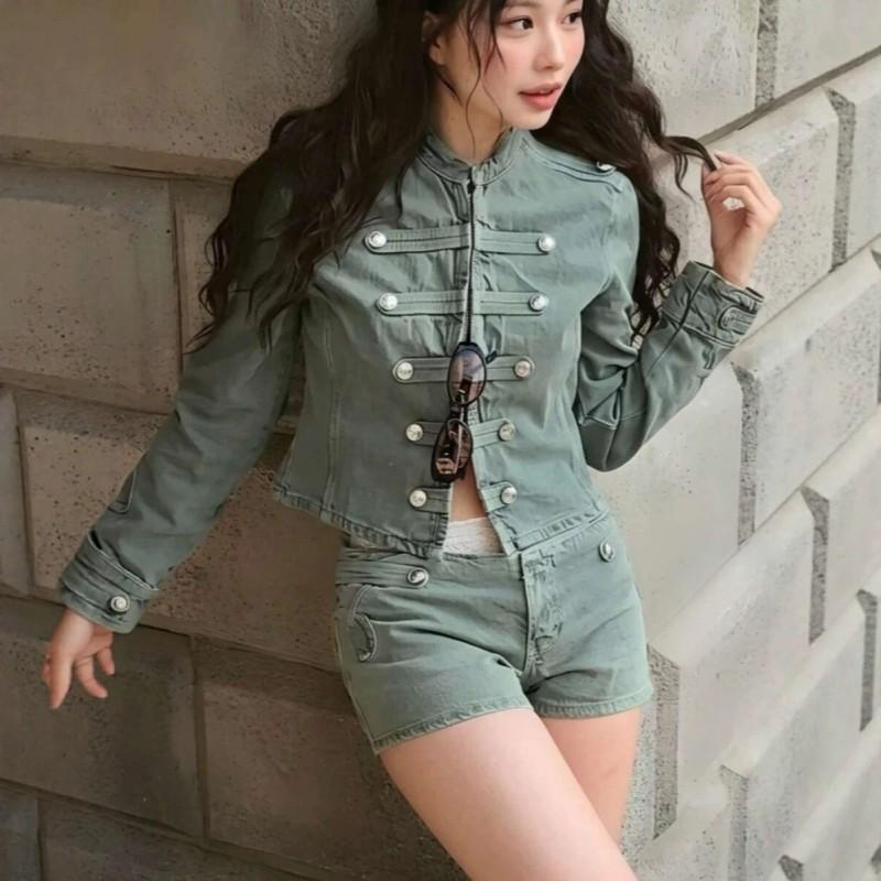 Military Style Napoleon Denim Jacket Slim Fit Long Sleeve Zip Up Fall 2026 Streetwear Y2K Girls