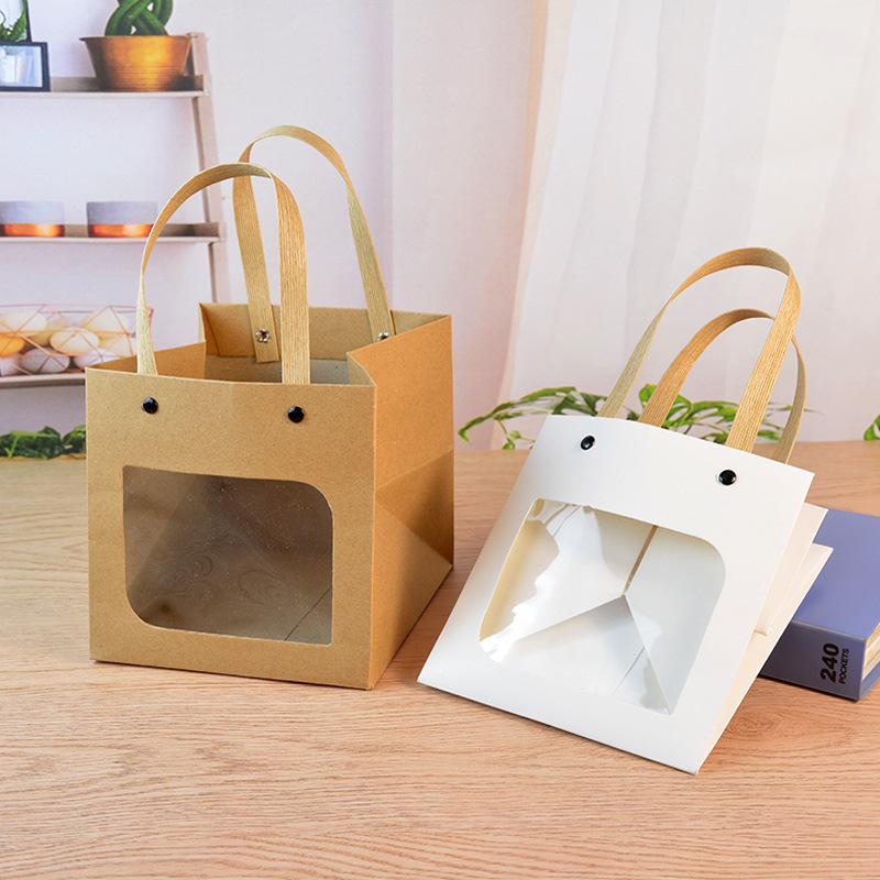 Small Qixi Gift Bag with Smiley Face, Kraft Paper, Square Window for Flowers