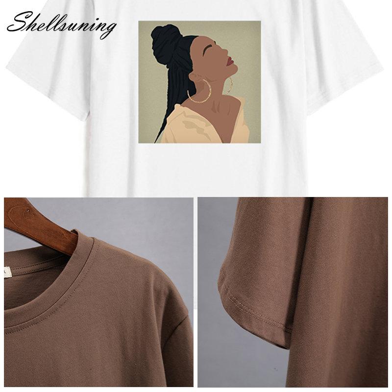 Shellsuning Summer Vintage Printed Cotton T Shirt Women Loose Short Sleeve Trend Tees Female Casual Streetwear All-match Basic Tops