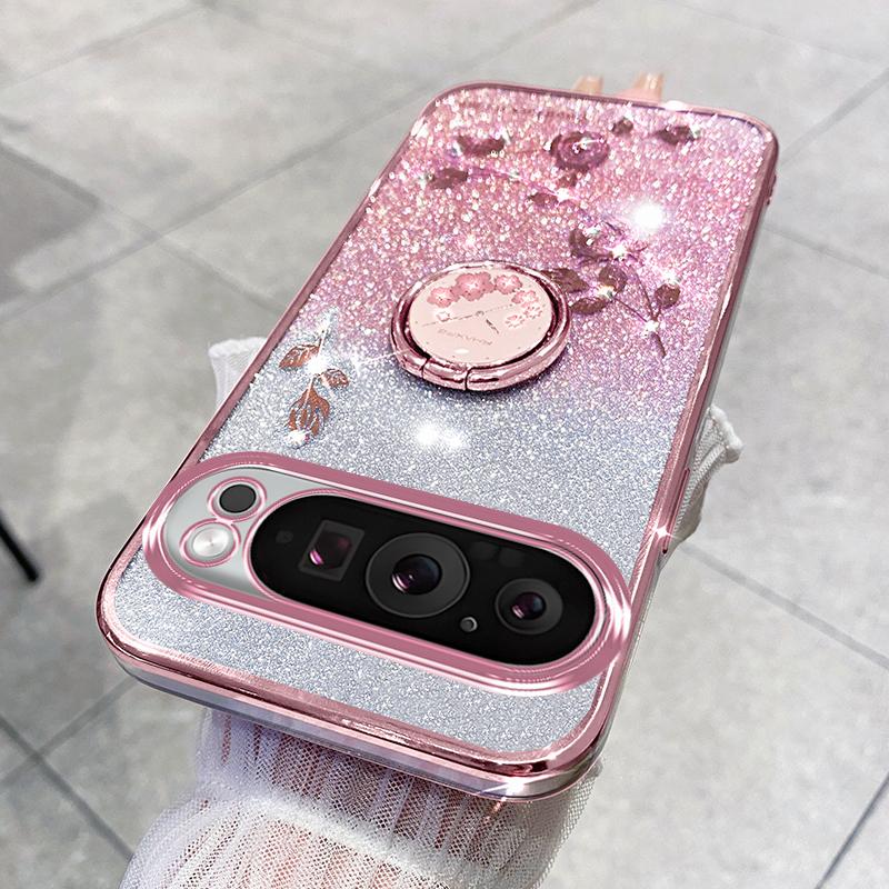 KADEM For Google Pixel 9 Pro XL Cell Phone Case Ring Kickstand Glitter Shockproof TPU Cover