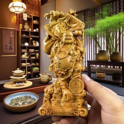 Wood Carving Big Belly Laughing Buddha Sculptures and Figurines Characteristics Home Room Office Wealth Luck Feng Shui Decor