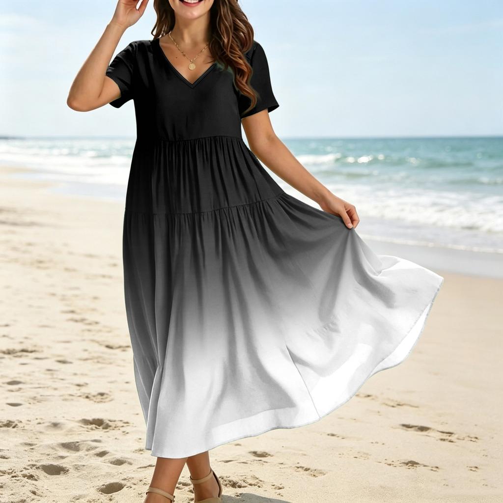 Abito Maxi Casual da Donna a Manica Corta con Scollo a V, Stile Bohemien, Vestibilità Larga, Stampa Degradé, per Estate e Uso Quotidiano