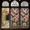 Retro-style Stained Glass Flower Window Stickers with Artistic Elements - Self-adhesive, Seamless Stickers