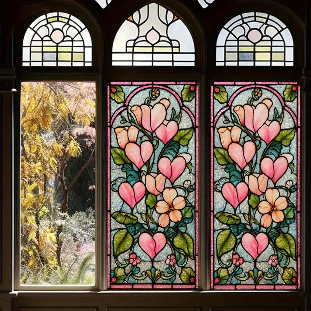 Retro-style Stained Glass Flower Window Stickers with Artistic Elements - Self-adhesive, Seamless Stickers