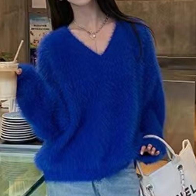 New Autumn and Winter Soft Long Sleeve Pullover Sweater for Women Fashion Loose Casual V-neck Knitted Sweaters Women Elegant Vintage Jumpers 25291