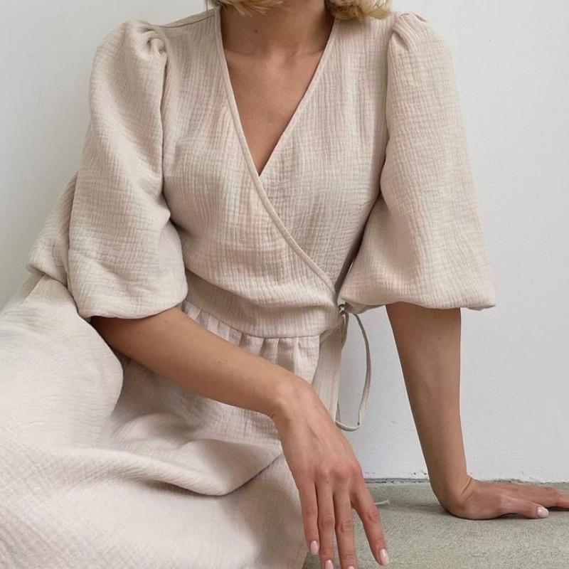 French Sweet Atmosphere Solid Color Long Dress V-neck Puff Short Sleeve Tie Dress