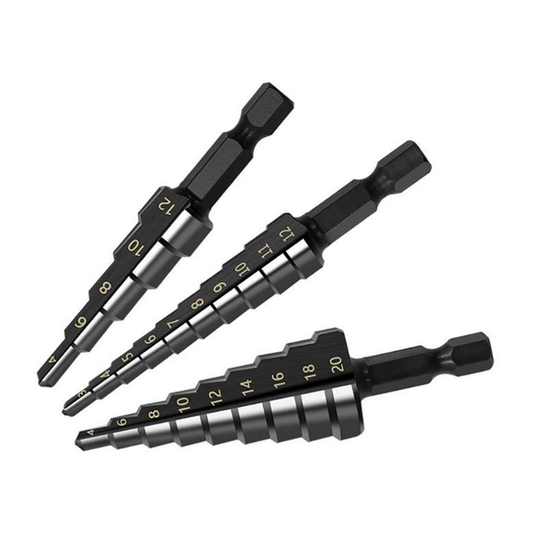 3Pcs Hexagonal Handle Nitrided Black Straight Groove Ladder Drill 3-12 4-12 4-20 High-speed Steel Pagoda Drills Hole Opener Set