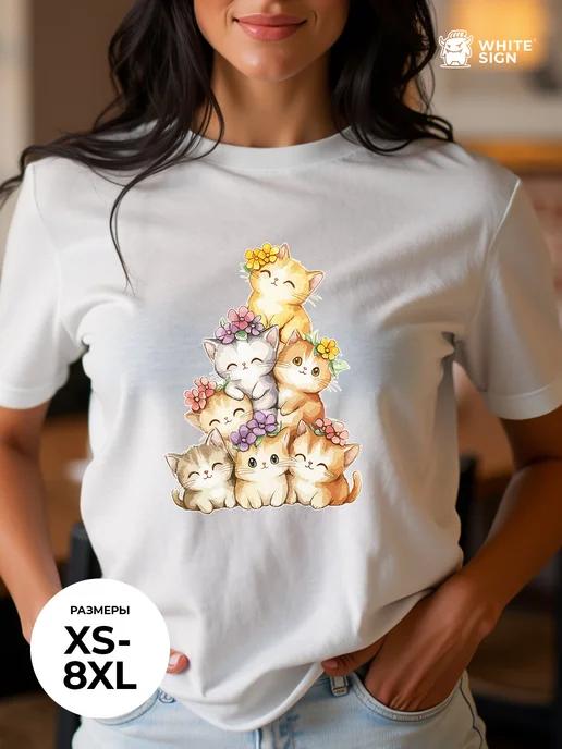 Oversized cotton T-shirt with Kitten-Flowers print 4XL