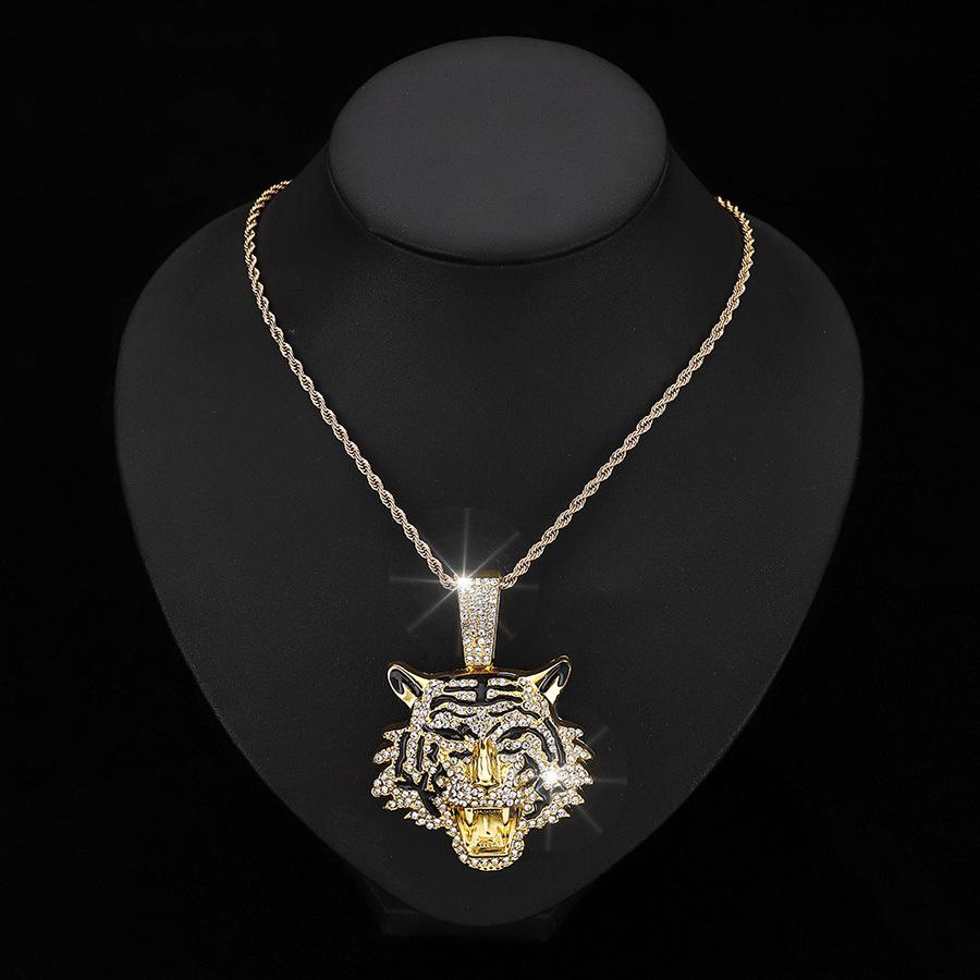 European and American alloy three-dimensional fully-drilled tiger pendant, Cuban necklace for men, hip-hop cool niche jewelry, hip-hop trend 18 inch