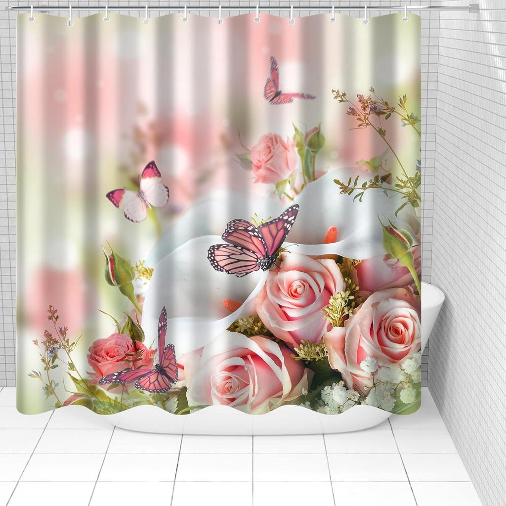 Cute Rose And Butterfly Shower Curtain Floral Design Bathroom Decor Romantic Theme Waterproof Bath Curtain