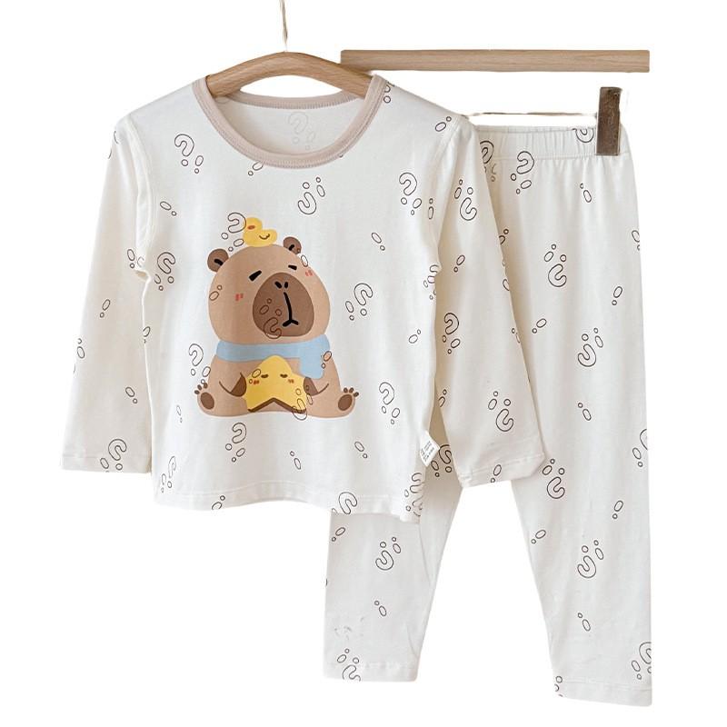 Cartoon Bunny Kids Pajamas Set 2025 Fall Winter Lycra Cotton Round Neck Sleepwear Boys Girls