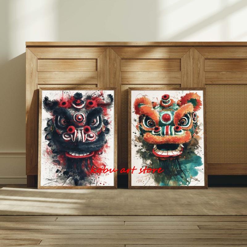 Traditional Chinese Lion Dance Posters Ink Wash Style Lion Poster and Print Canvas Painting Wall Art Picture for Room Home Decor