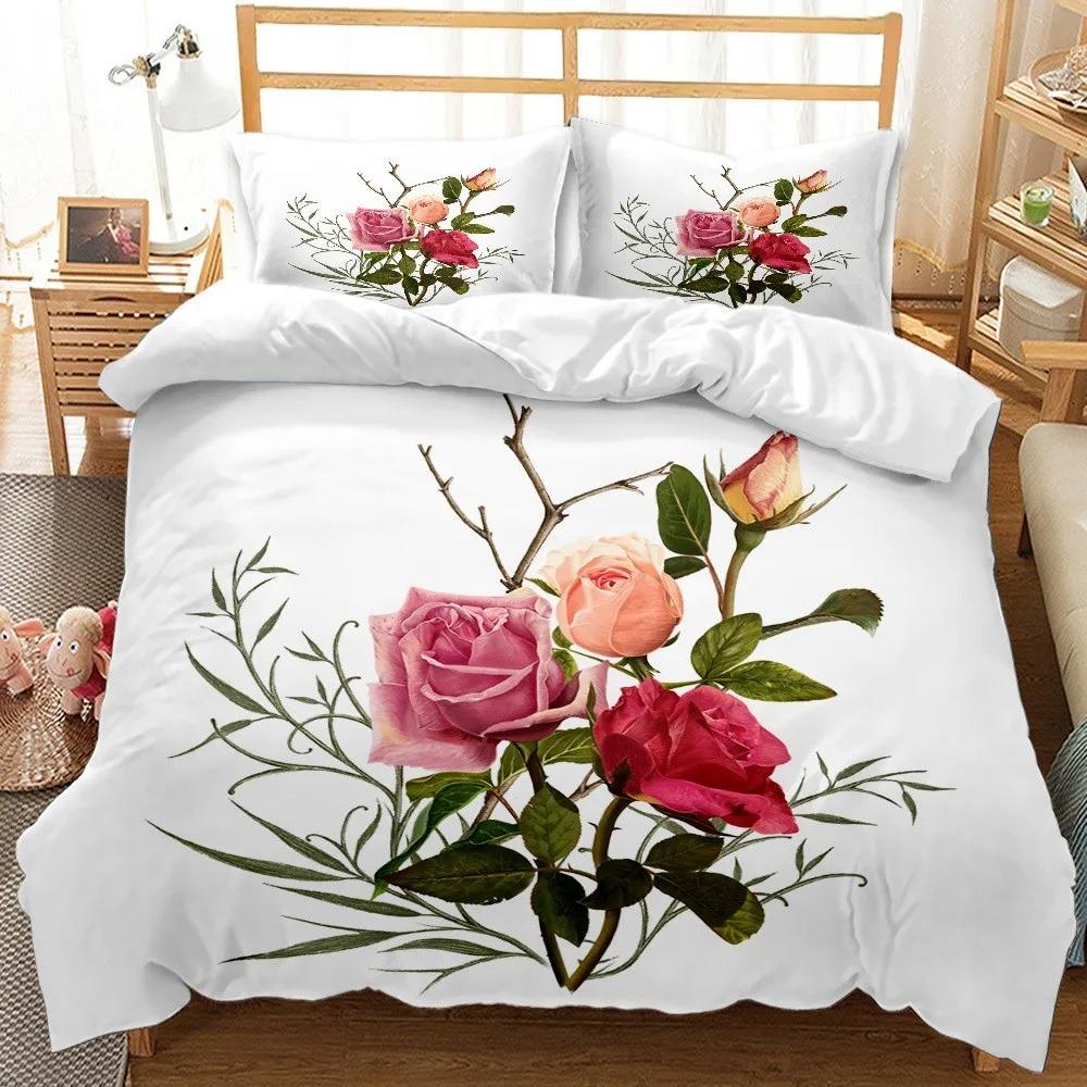 Spring Flowers Tulip Bedding Set Pink Rose Duvet Cover Queen King Full Size Women Girls Soft Floral Design