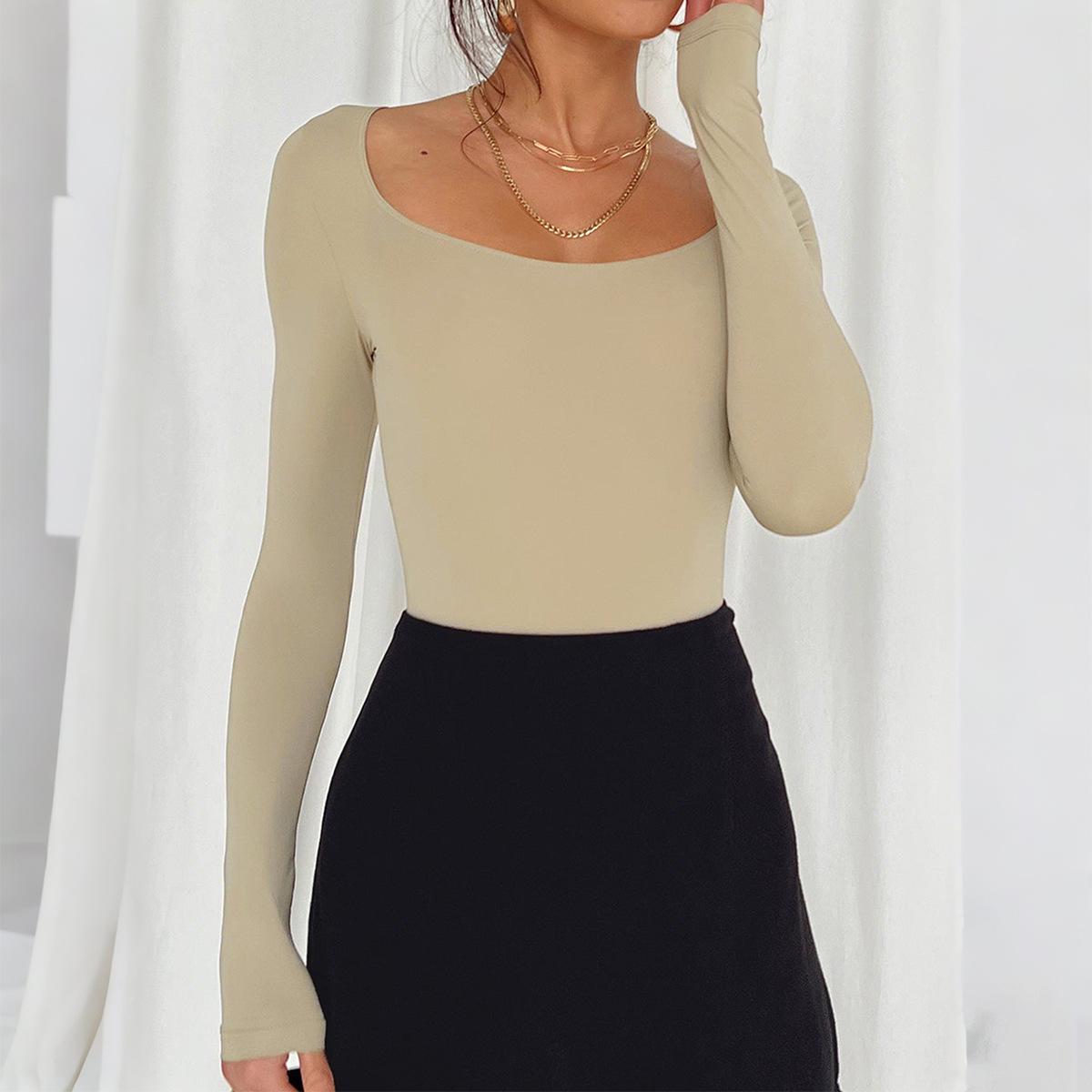 

Женская футболка Kai Kuo облегающего кроя с длинным рукавом, однотонная - Европейский и американский повседневный минималистичный стиль, Осень 2025. Small хаки