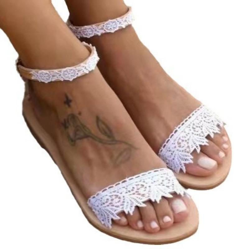 Summer New Women's Flat-heeled Sandals Lace Flower Word with Flat-toed Women's Shoes