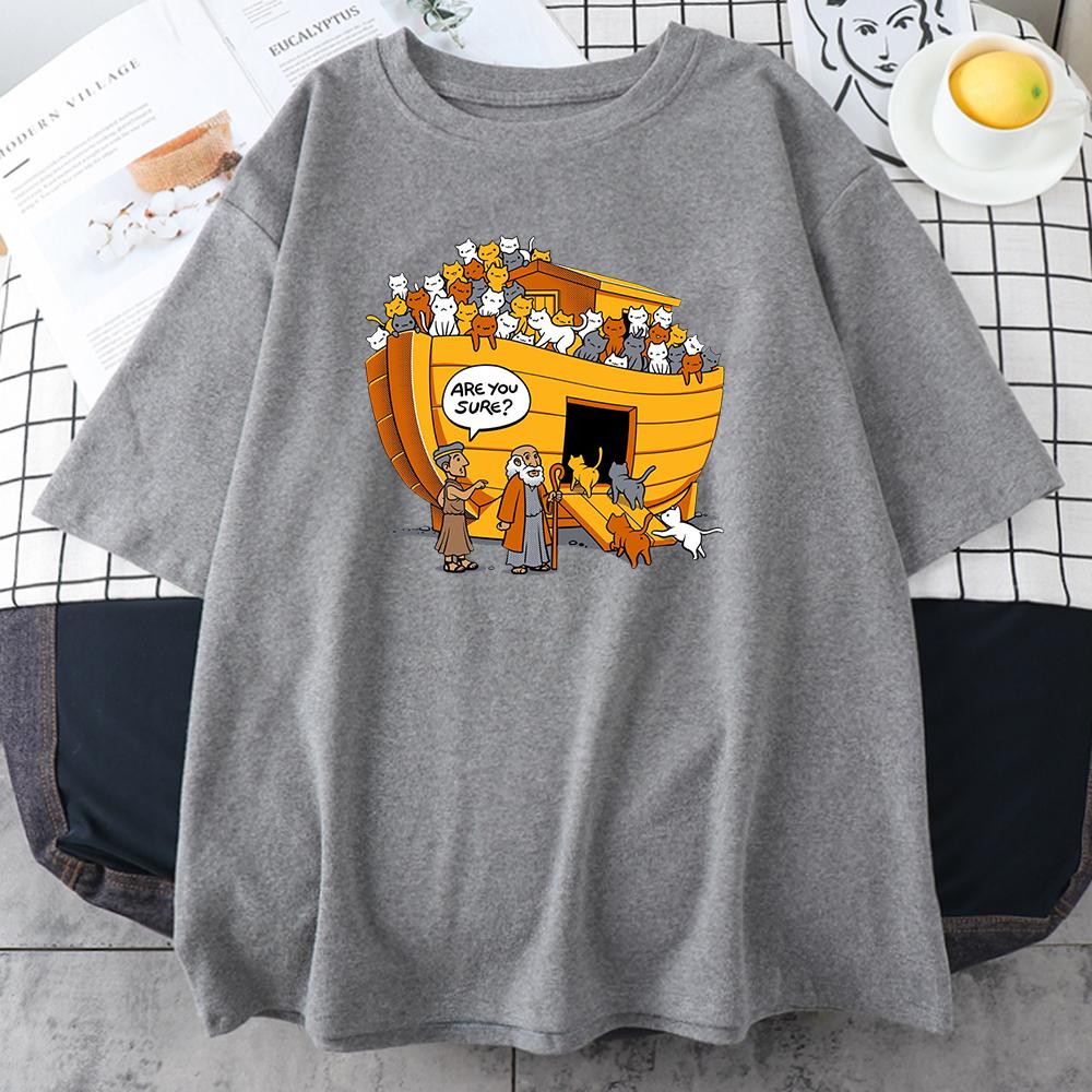 Cartoons Style Noah's Ark Cat Print Womens Tshirts Simple Oversize T-Shirts Fashion Loose Tops Soft Breathable T-Shirt for Women