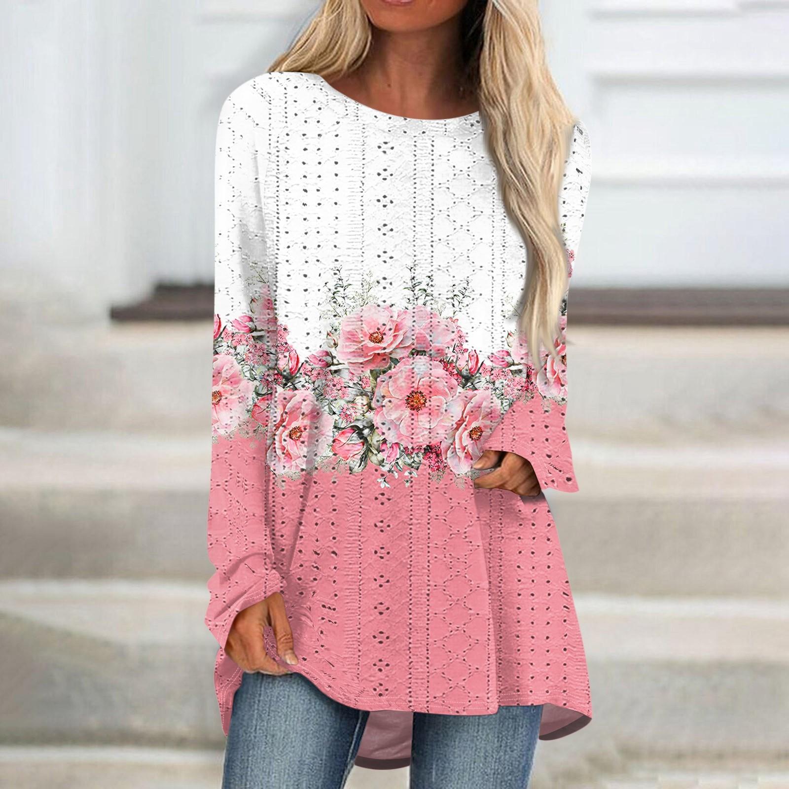 

Женские топы с круглым вырезом, блузки с длинным рукавом, повседневные рубашки средней длины, модные туники с принтом XL розовый