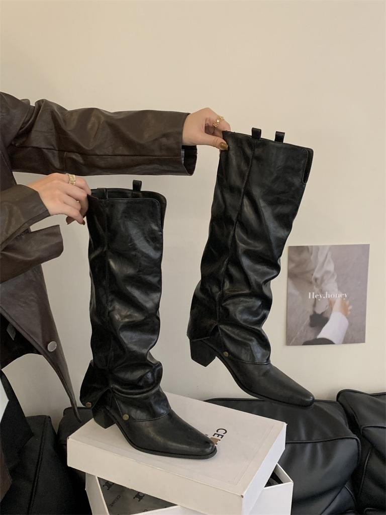 Spice Girl Style Pointed Head Thick Heel But Knee Boots Women's Fashion Temperament Thin Trouser Boots Western Cowboy Knight Boots