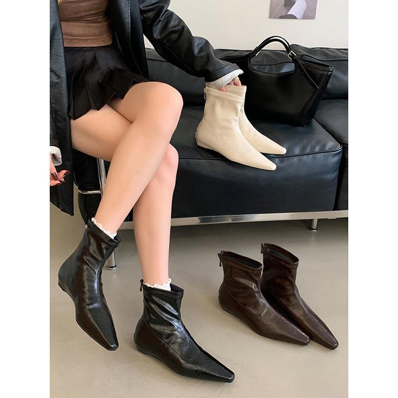 Pointed Short Boots Women's 2025 Autumn and Winter New Women's Boots Niche Thin Boots Flat Short Boots Low Heel Martin Boots