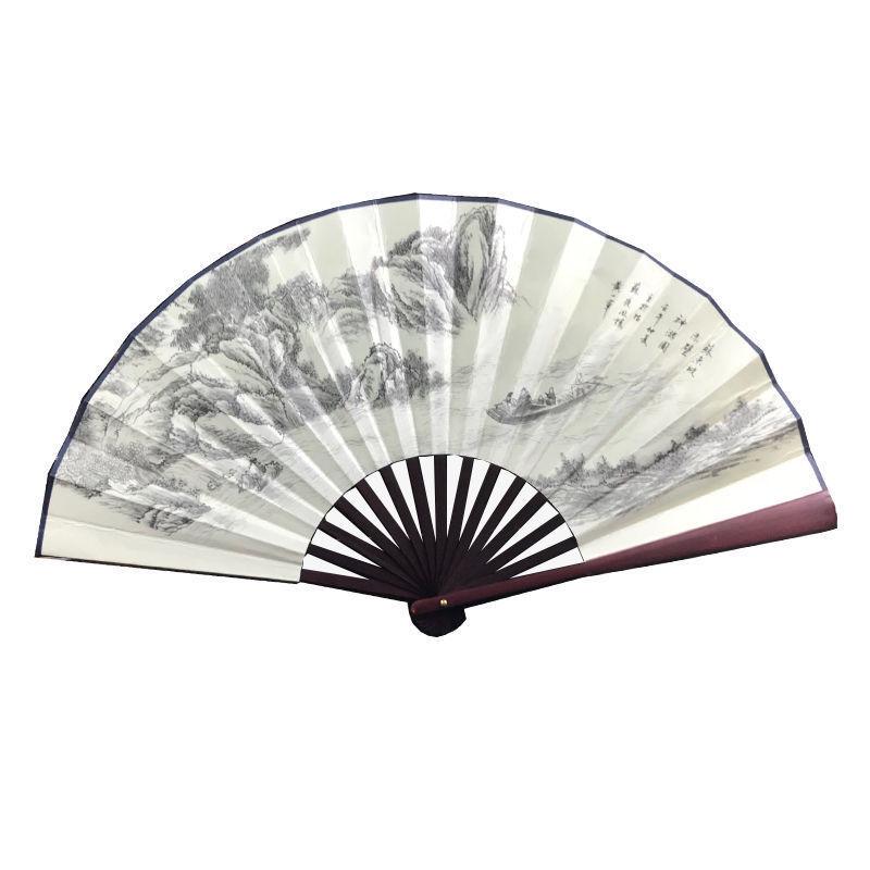 Traditional Chinese Silk Bamboo Folding Fan with Ink Landscape