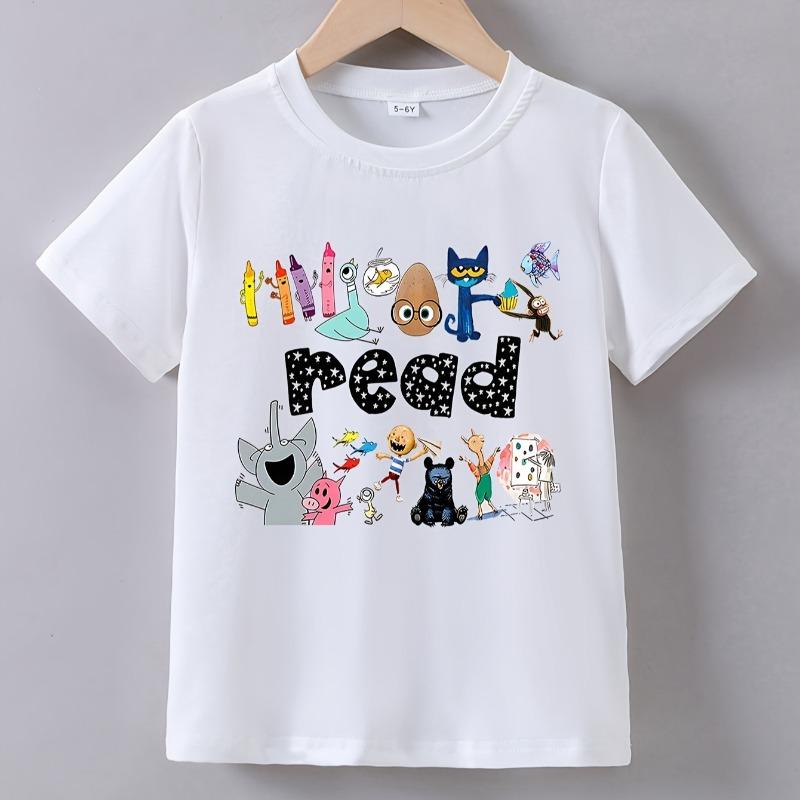 Summer Short-Sleeve T-Shirt for Girls with a Print of  Pencil, Paintbrush, Elephant, Animal, Imagination READ  110