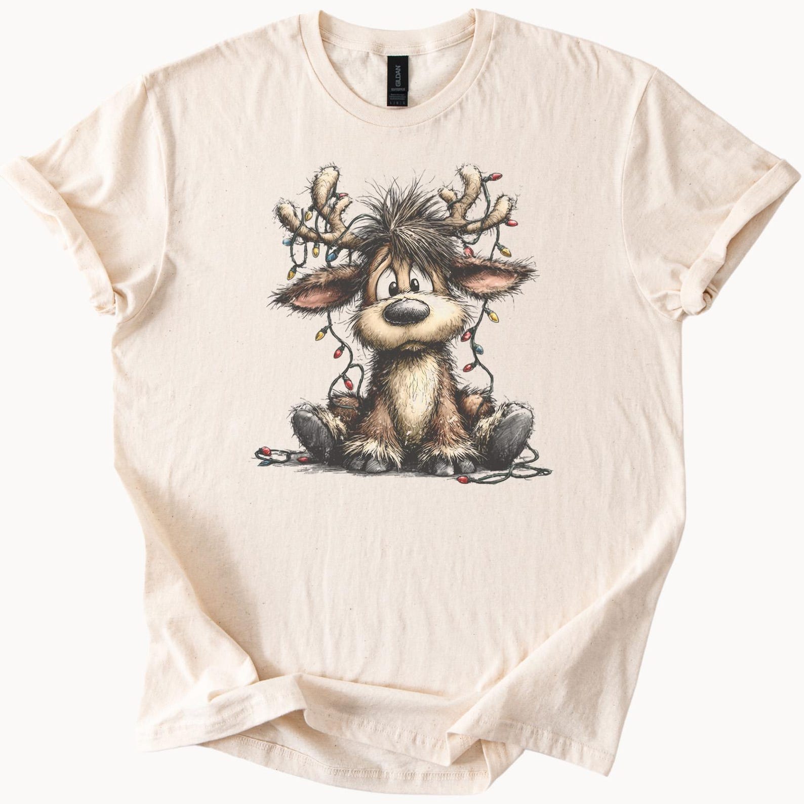 Reindeer Lights T Shirt Christmas Graphic Cute Cartoon Animal Holiday Tee Festive Deer with Tangled String Lights Fun Casual Top 150