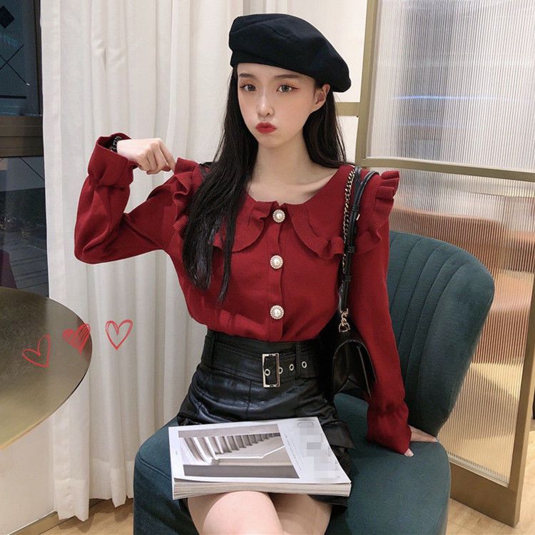 Big Collar Sweater Small Person with Flared Sleeves Collar Knit Base Cardigan Doll Collar Top Sweet